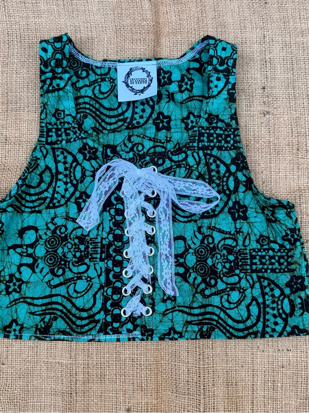 Handmade Vintage fabric  Teal Black Lace-Up Crop Tank Top